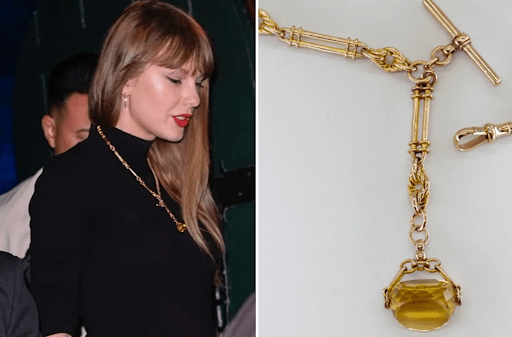 TaylorSwift-100Ways Taylor Swift wearing a vintage watch fob from 100 Ways